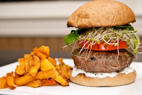 Minted Chevre Stuffed Gyro Burger and Parmesan Butternut Squash Fries